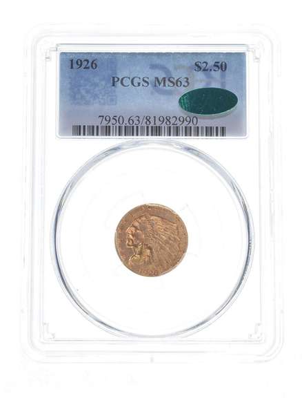 MS63 1926 $2.50 Indian Head Gold Quarter Eagle - CAC - Graded PCGS