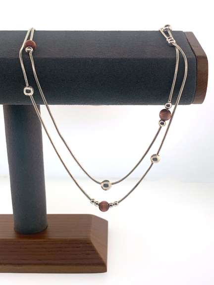 Sterling silver double strand necklace with orangish/brown and silver beads