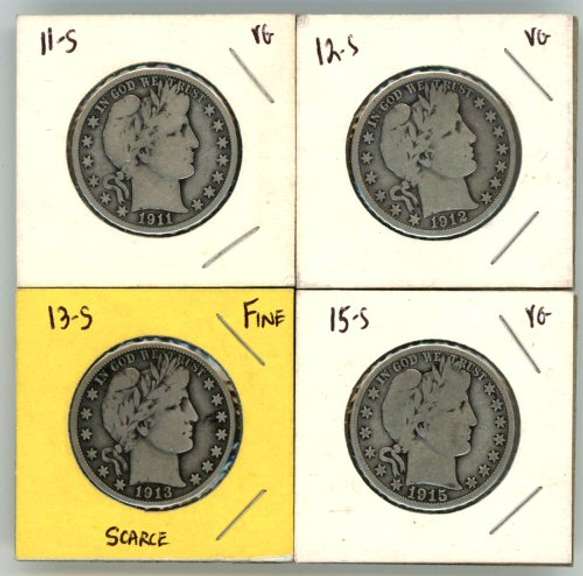 4 Diff. Better 'S' Mint Barber Half Dollars1911-S to 1915-S