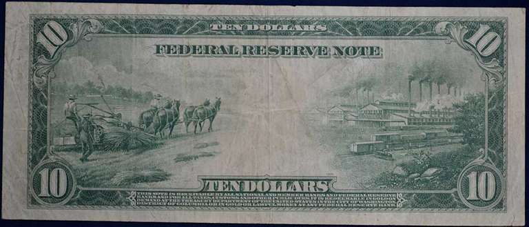 Series Of 1914 $10 Federal Reserve Note. Circulated.