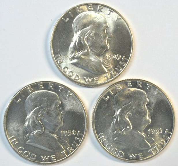 Near Gem BU 1949, 1950, & 1951 Franklin Half Dollars