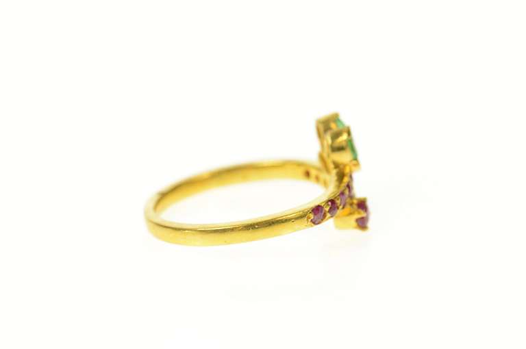 22K Yellow Gold Ruby Emerald Leaf Cluster Bypass Statement Ring