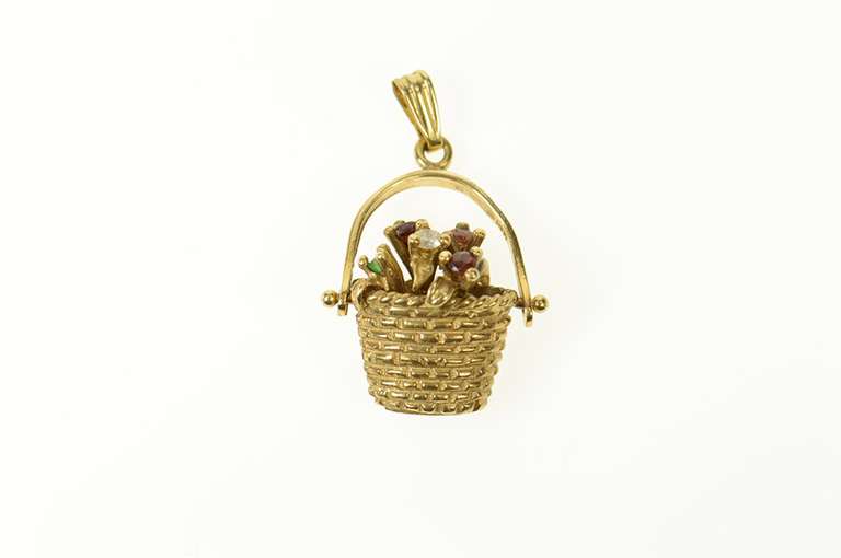 14K Yellow Gold Retro Bouquet Diamond Flower Basket Charm/Pendant