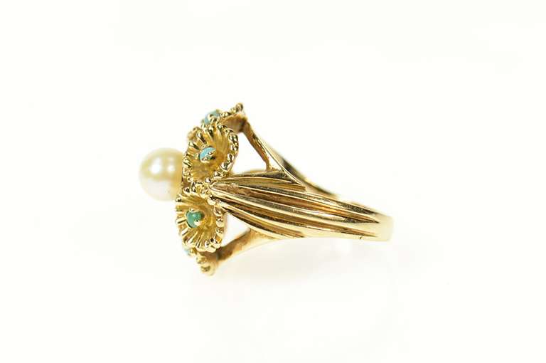 14K Yellow Gold Pearl Turquoise Floral Cocktail Statement Ring