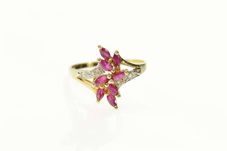 10K Yellow Gold Marquise Ruby Cluster Diamond Accent Ring