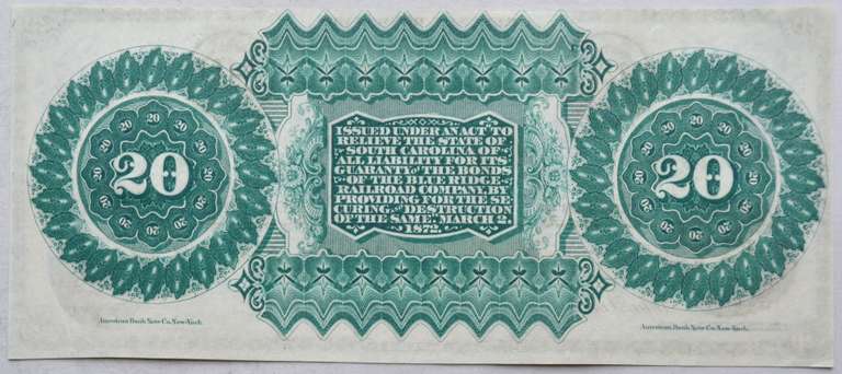 $ 20 Unc State of South Carolina March 2 1872 Revenue Bond Scrip.