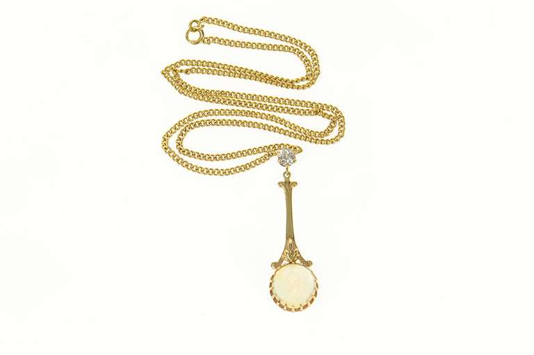 14K Yellow Gold Victorian Opal Diamond Drop Pendant Chain Necklace