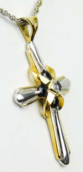 2-Tone Sterling Sapphire & Diamond Cross with Chain