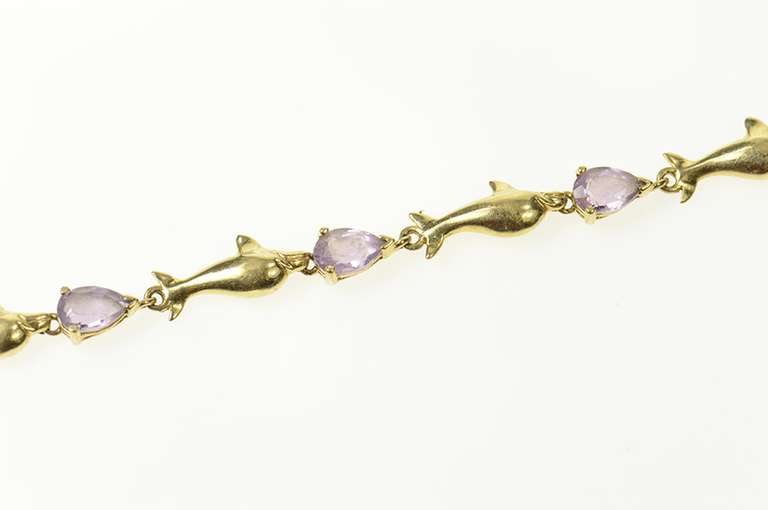10K Yellow Gold Pear Amethyst Dolphin Link Chain Bracelet