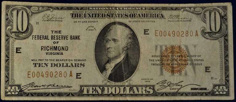 Series Of 1929 Federal Reserve Bank Of Richmond Virginia $10, Circulated