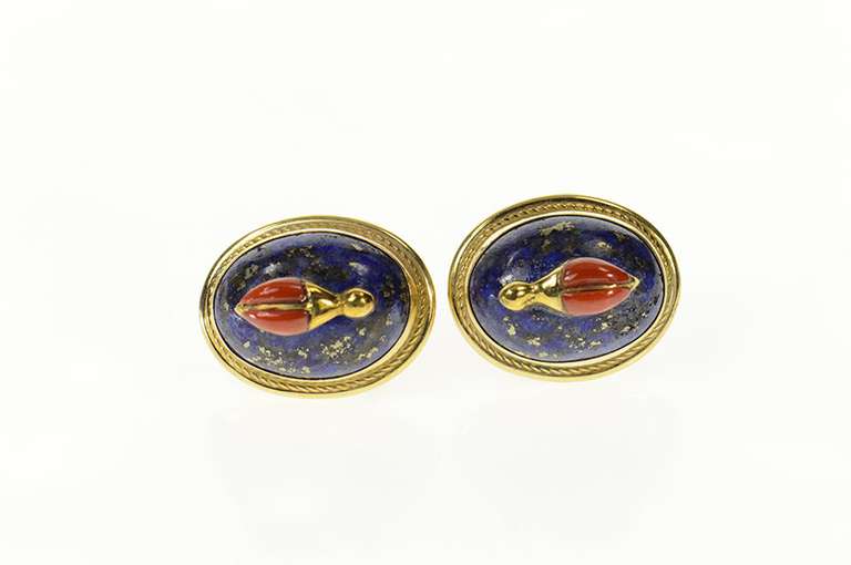 14K Yellow Gold Lapis Lazuli Coral Beetle Bug Screw Back Earrings