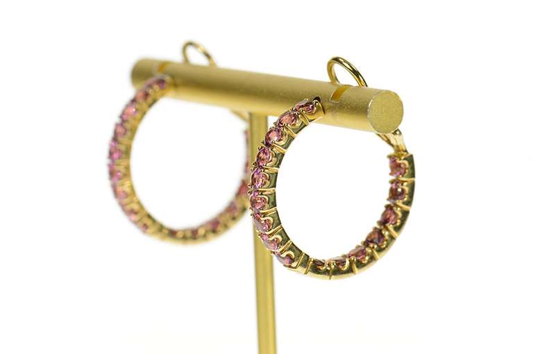 14K Yellow Gold Pink Tourmaline Inside Outside Statement Hoop Earrings
