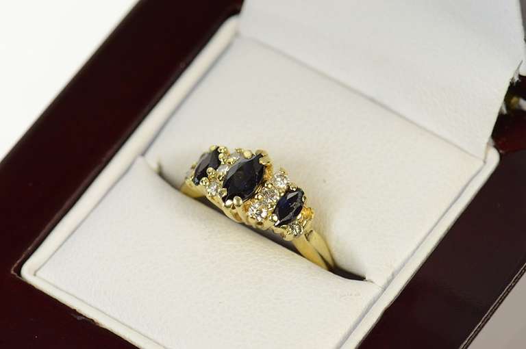 14K Yellow Gold Three Stone Sapphire Diamond Accent Ring