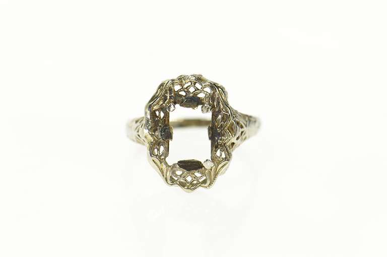 10K White Gold Art Deco Filigree Ornate Statement Setting Ring