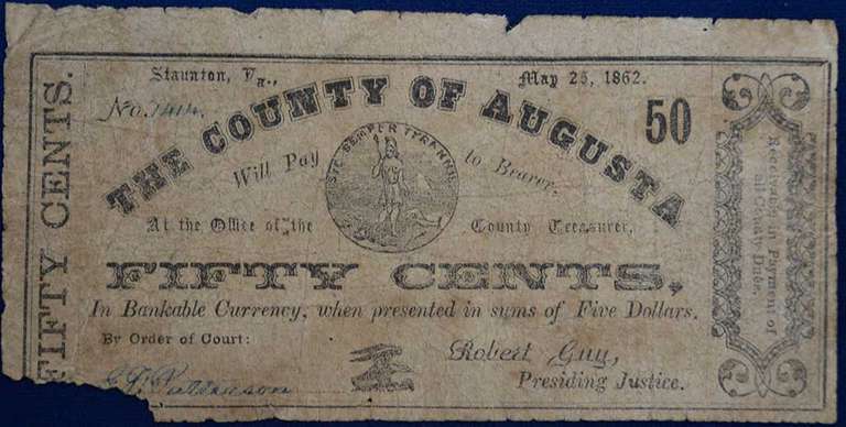 1862 The County Of Augusta Fifty Cents Banknote. Circulated.