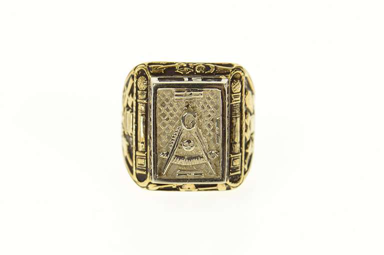 10K Yellow Gold Masonic AF & AM Warren Ornate Signet Ring