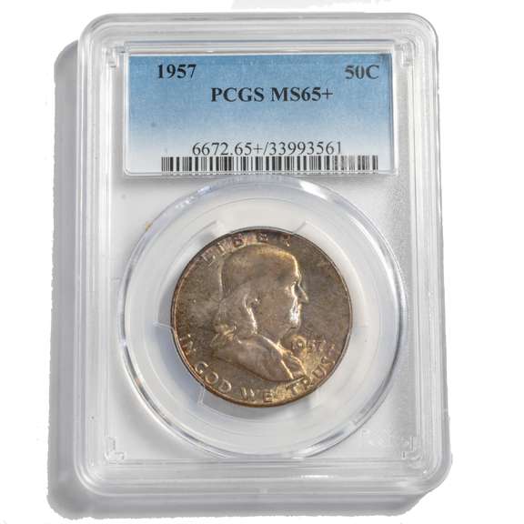 Toned 1957 PCGS MS 65 + Franklin Half Dollar