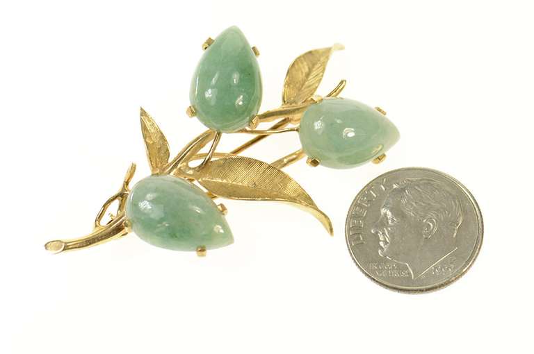 14K Yellow Gold Pear Jadeite Floral Leaf Cluster Statement Pin/Brooch