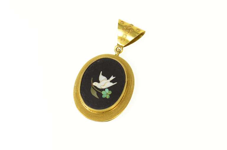 18K Yellow Gold Black Onyx Mosaic Dove Mourning Photo Locket Pendant