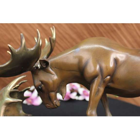 Two Moose Fight Bronze Statue Sculpture