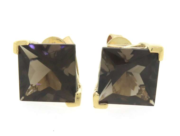 Trendy Yellow Gold Sqaure Smokey Quartz Earrings
