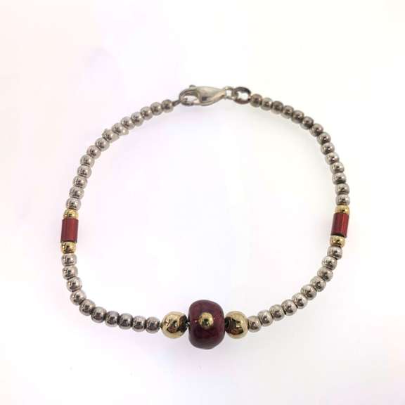 Sterling silver bracelet with red and silver beads