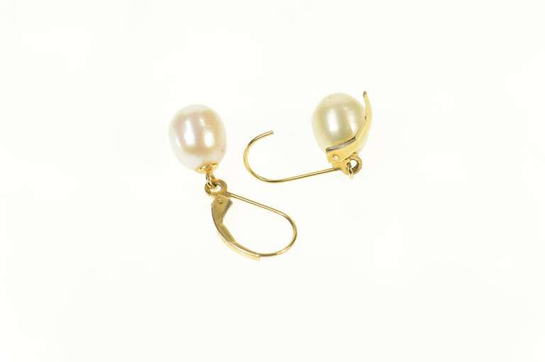 14K Yellow Gold Classic Pearl Dangle Lever Back Earrings