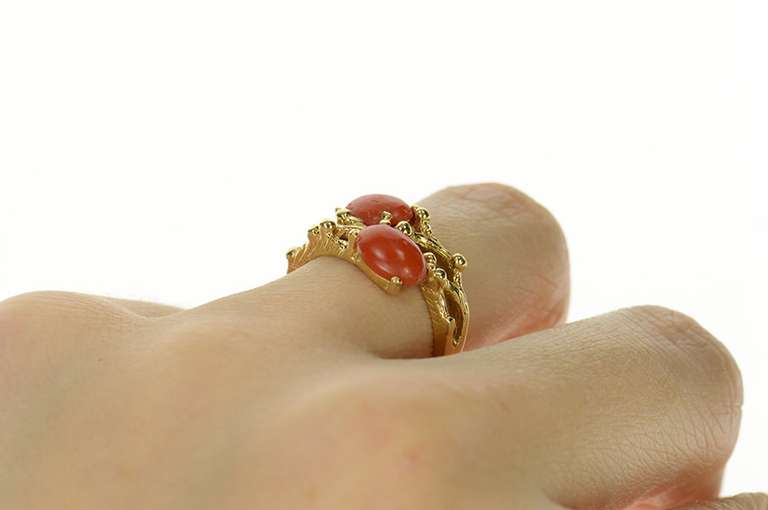 14K Yellow Gold Natural Coral Tree Branch Bamboo Statement Ring