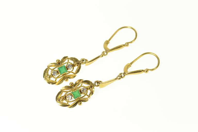 14K Yellow Gold Victorian Diamond Emerald Ornate Dangle Earrings