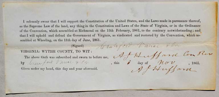 1865 Confederate States Oath Of Allegience Virginia Wythe County