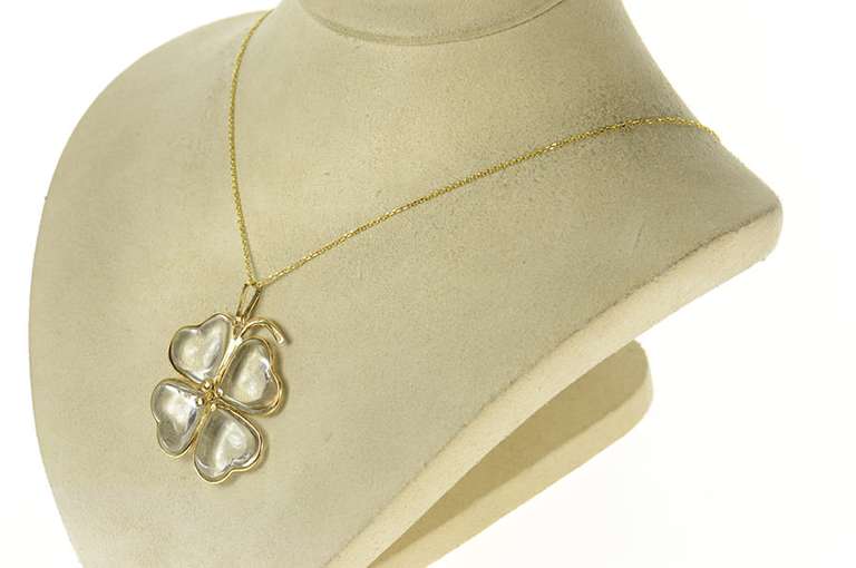 18K Yellow Gold Retro Glass Heart Shamrock Clover Lucky Pendant