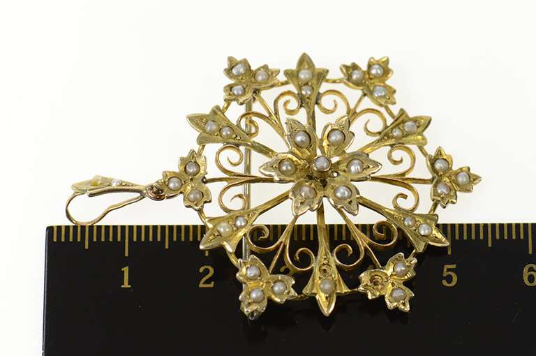 9K Yellow Gold Victorian Ornate Seed Pearl Flower Filigree Pendant/Pin