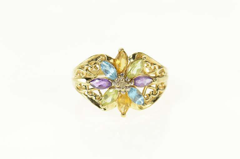 10K Yellow Gold Marquise Flower Cluster Filigree Diamond Ring
