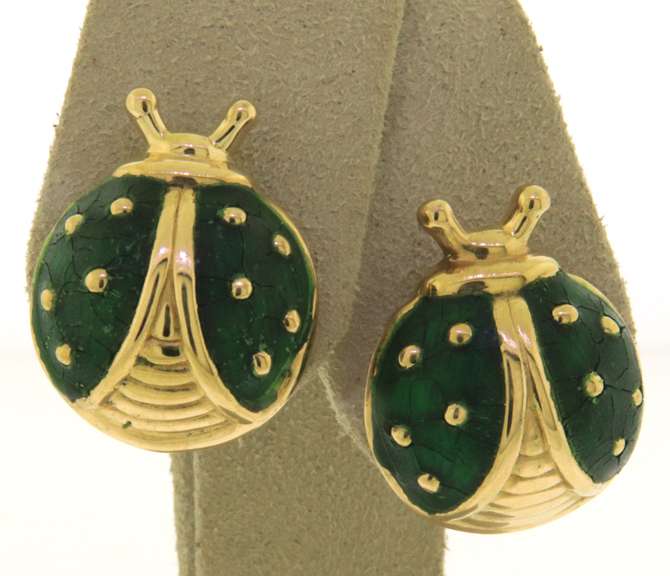 Pleasing Green Enamel Ladybug Earrings