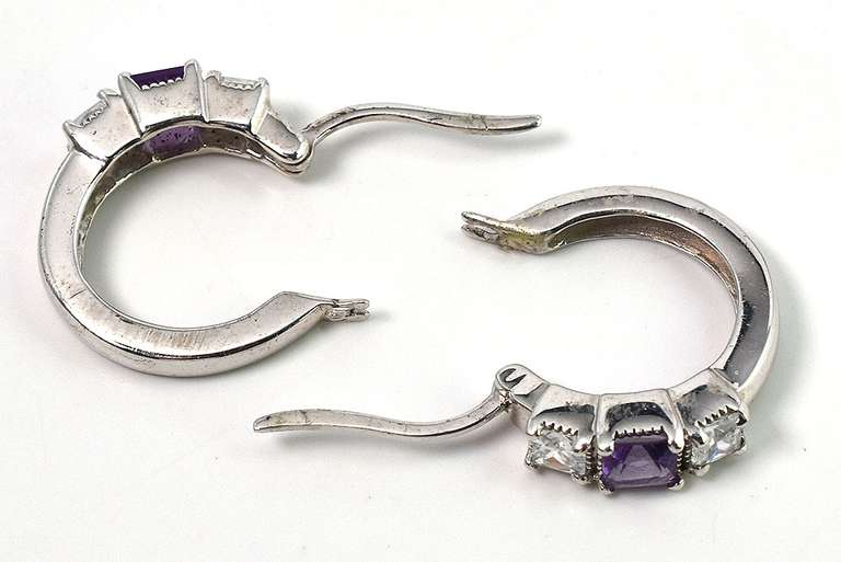 Cute Amethyst & CZ Hoop Earrings in Sterling Silver