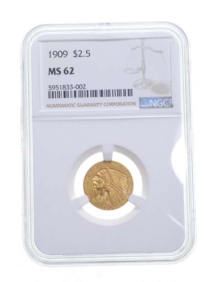 MS62 1909 $2.50 Indian Head Gold Quarter Eagle - Graded NGC