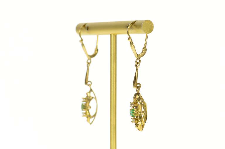 14K Yellow Gold Victorian Diamond Emerald Ornate Dangle Earrings