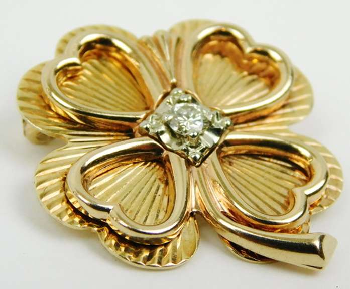 Heavy 14K Diamond 4-Leaf Clover Brooch
