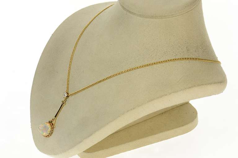 14K Yellow Gold Victorian Opal Diamond Drop Pendant Chain Necklace