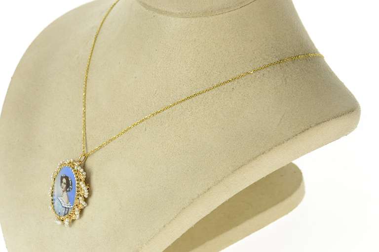 14K Yellow Gold Victorian Ornate Painted Lady Seed Pearl Pendant/Pin