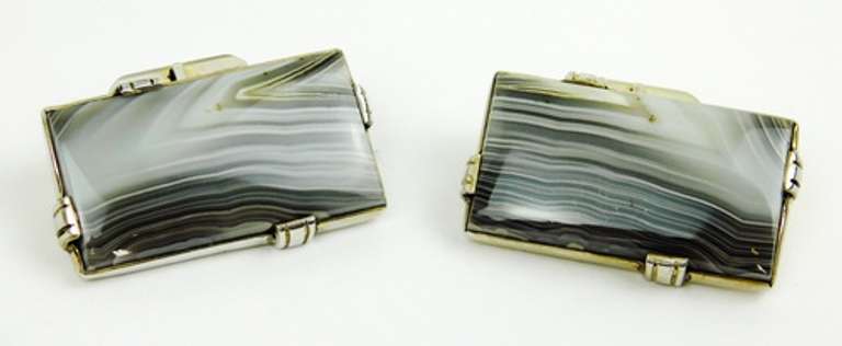 Large Sterling Banded Agate Cuff Links