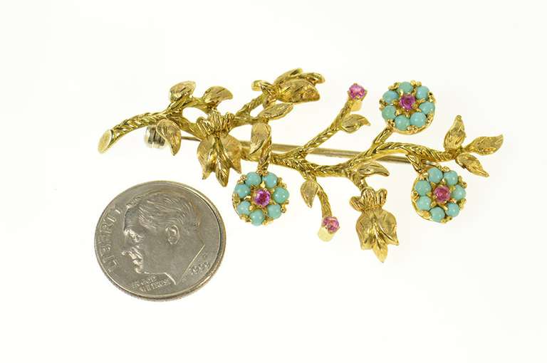 14K Yellow Gold Ornate Turquoise Ruby Flower Statement Pin/Brooch