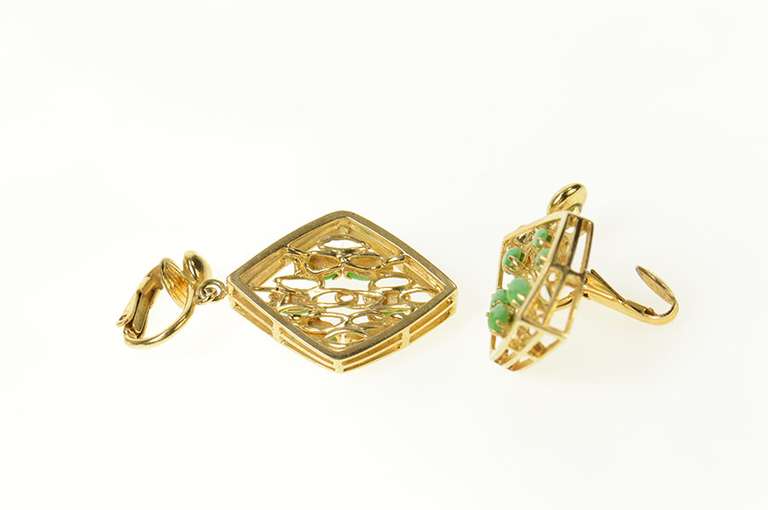 14K Yellow Gold 1960's Jade Ornate Squared Layered Look Clip Earrings
