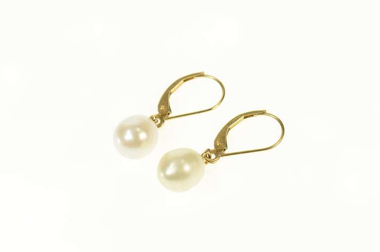14K Yellow Gold Classic Pearl Dangle Lever Back Earrings