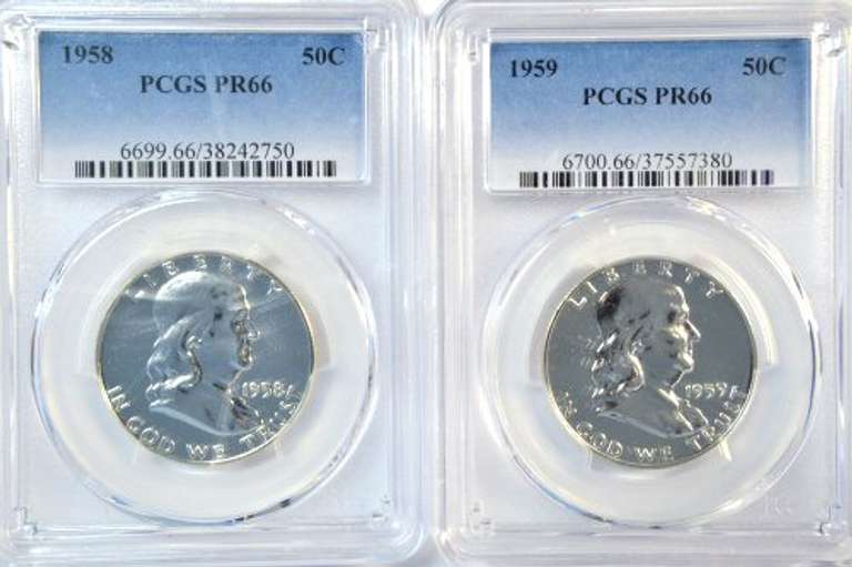1960 & 1959 Superb Gem Proof Franklin Half Dollars. PCGS PR66
