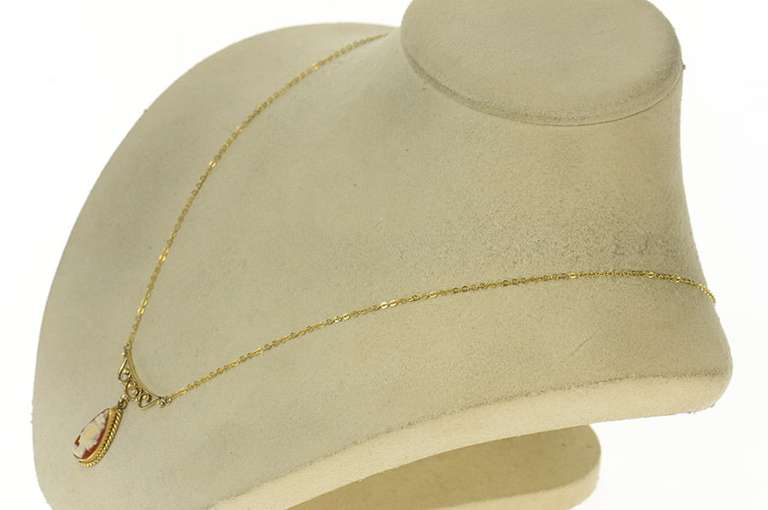 12K Yellow Gold Ornate Pear Carved Lady Cameo Statement Necklace