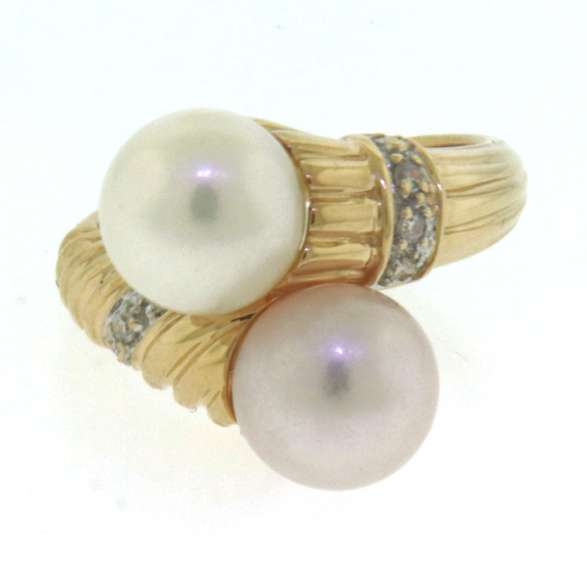 Formal Yellow Gold Double Pearl & Diamond Bypass Ring
