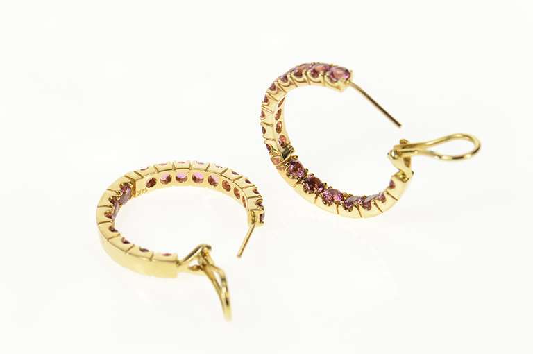 14K Yellow Gold Pink Tourmaline Inside Outside Statement Hoop Earrings