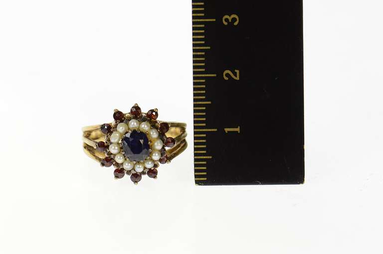 14K Yellow Gold Sapphire Pearl Garnet Halo Victorian Cocktail Ring