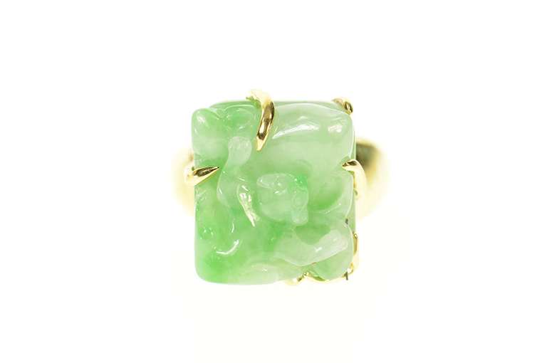 18K Yellow Gold Ornate Carved Jade Lemur Squared Statement Ring